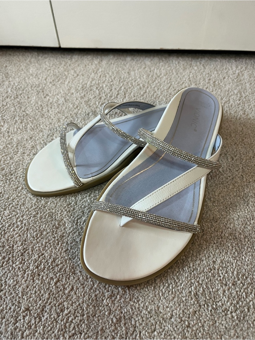 Vionic White Slip-On Sandals with Silver Beaded Straps